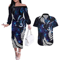 New Zealand Maori Matariki Couples Matching Off The Shoulder Long Sleeve Dress and Hawaiian Shirt Tui Bird Galaxy LT7 Galaxy - Polynesian Pride