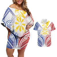 Philippines Tribal Sun Personalized Couples Matching Off Shoulder Short Dress and Hawaiian Shirt Hunting Eagle