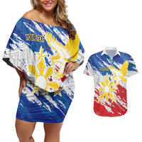 Personalized Filipino Sun and Stars Couples Matching Off Shoulder Short Dress and Hawaiian Shirt Grunge Vibes LT7 White - Polynesian Pride
