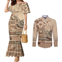 Vaiaso o le Gagana Samoa Couples Matching Mermaid Dress and Long Sleeve Button Shirt Siapo Motif Beige LT7 Beige - Polynesian Pride