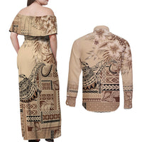 Vaiaso o le Gagana Samoa Couples Matching Off Shoulder Maxi Dress and Long Sleeve Button Shirt Siapo Motif Beige LT7 - Polynesian Pride