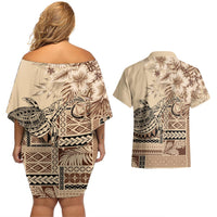 Vaiaso o le Gagana Samoa Couples Matching Off Shoulder Short Dress and Hawaiian Shirt Siapo Motif Beige LT7 - Polynesian Pride