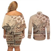 Vaiaso o le Gagana Samoa Couples Matching Off Shoulder Short Dress and Long Sleeve Button Shirt Siapo Motif Beige LT7 - Polynesian Pride