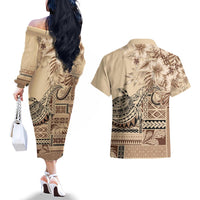 Vaiaso o le Gagana Samoa Couples Matching Off The Shoulder Long Sleeve Dress and Hawaiian Shirt Siapo Motif Beige LT7 - Polynesian Pride