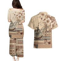Vaiaso o le Gagana Samoa Couples Matching Puletasi and Hawaiian Shirt Siapo Motif Beige LT7 - Polynesian Pride