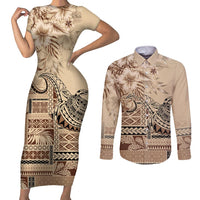 Vaiaso o le Gagana Samoa Couples Matching Short Sleeve Bodycon Dress and Long Sleeve Button Shirt Siapo Motif Beige LT7 Beige - Polynesian Pride