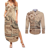 Vaiaso o le Gagana Samoa Couples Matching Summer Maxi Dress and Long Sleeve Button Shirt Siapo Motif Beige LT7 Beige - Polynesian Pride