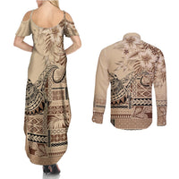 Vaiaso o le Gagana Samoa Couples Matching Summer Maxi Dress and Long Sleeve Button Shirt Siapo Motif Beige LT7 - Polynesian Pride