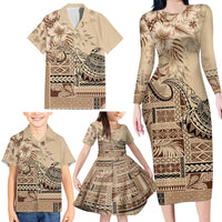 Vaiaso o le Gagana Samoa Family Matching Long Sleeve Bodycon Dress and Hawaiian Shirt Siapo Motif Beige LT7 - Polynesian Pride