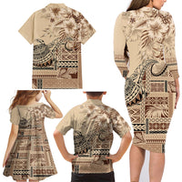 Vaiaso o le Gagana Samoa Family Matching Long Sleeve Bodycon Dress and Hawaiian Shirt Siapo Motif Beige LT7 - Polynesian Pride