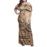 Vaiaso o le Gagana Samoa Family Matching Off Shoulder Maxi Dress and Hawaiian Shirt Siapo Motif Beige LT7 Mom's Dress Beige - Polynesian Pride