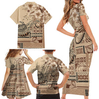 Vaiaso o le Gagana Samoa Family Matching Short Sleeve Bodycon Dress and Hawaiian Shirt Siapo Motif Beige LT7 - Polynesian Pride