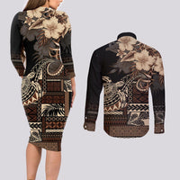 Vaiaso o le Gagana Samoa Couples Matching Long Sleeve Bodycon Dress and Long Sleeve Button Shirt Siapo Motif Black LT7 - Polynesian Pride