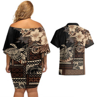 Vaiaso o le Gagana Samoa Couples Matching Off Shoulder Short Dress and Hawaiian Shirt Siapo Motif Black LT7 - Polynesian Pride