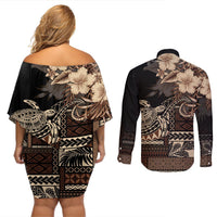 Vaiaso o le Gagana Samoa Couples Matching Off Shoulder Short Dress and Long Sleeve Button Shirt Siapo Motif Black LT7 - Polynesian Pride