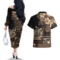 Vaiaso o le Gagana Samoa Couples Matching Off The Shoulder Long Sleeve Dress and Hawaiian Shirt Siapo Motif Black LT7 - Polynesian Pride
