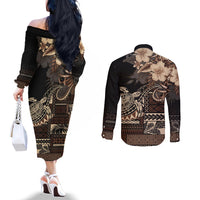 Vaiaso o le Gagana Samoa Couples Matching Off The Shoulder Long Sleeve Dress and Long Sleeve Button Shirt Siapo Motif Black LT7 - Polynesian Pride