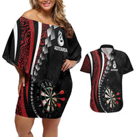 Personalized New Zealand Darts Couples Matching Off Shoulder Short Dress and Hawaiian Shirt Kowhaiwhai Whero Koiri - Manaia LT7 Red - Polynesian Pride