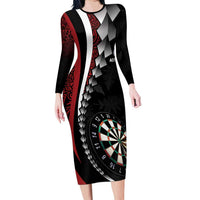 Personalized New Zealand Darts Long Sleeve Bodycon Dress Kowhaiwhai Whero Koiri - Manaia LT7 Long Dress Red - Polynesian Pride