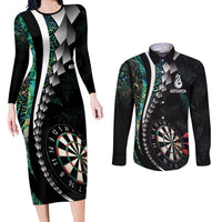 Personalized New Zealand Darts Couples Matching Long Sleeve Bodycon Dress and Long Sleeve Button Shirt Paua Shell Koiri - Manaia LT7 Green - Polynesian Pride