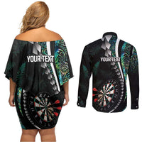 Personalized New Zealand Darts Couples Matching Off Shoulder Short Dress and Long Sleeve Button Shirt Paua Shell Koiri - Manaia LT7 - Polynesian Pride