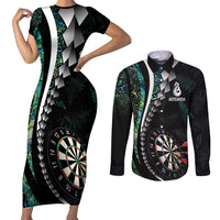 Personalized New Zealand Darts Couples Matching Short Sleeve Bodycon Dress and Long Sleeve Button Shirt Paua Shell Koiri - Manaia LT7 Green - Polynesian Pride