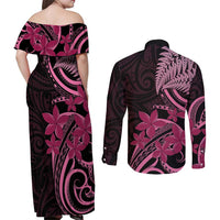 Aotearoa Maori Couples Matching Off Shoulder Maxi Dress and Long Sleeve Button Shirt Pink Fern Ribbons on Black LT7 - Polynesian Pride