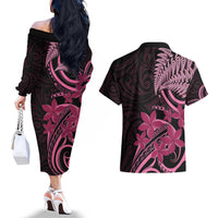 Aotearoa Maori Couples Matching Off The Shoulder Long Sleeve Dress and Hawaiian Shirt Pink Fern Ribbons on Black LT7 - Polynesian Pride