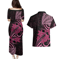 Aotearoa Maori Couples Matching Puletasi and Hawaiian Shirt Pink Fern Ribbons on Black LT7 - Polynesian Pride