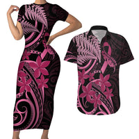 Aotearoa Maori Couples Matching Short Sleeve Bodycon Dress and Hawaiian Shirt Pink Fern Ribbons on Black LT7 Black - Polynesian Pride