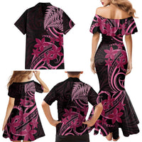 Aotearoa Maori Family Matching Mermaid Dress and Hawaiian Shirt Pink Fern Ribbons on Black LT7 - Polynesian Pride
