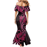 Aotearoa Maori Family Matching Mermaid Dress and Hawaiian Shirt Pink Fern Ribbons on Black LT7 - Polynesian Pride