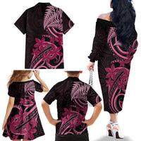 Aotearoa Maori Family Matching Off The Shoulder Long Sleeve Dress and Hawaiian Shirt Pink Fern Ribbons on Black LT7 - Polynesian Pride