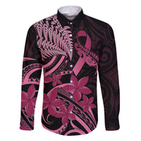 Aotearoa Maori Family Matching Off The Shoulder Long Sleeve Dress and Hawaiian Shirt Pink Fern Ribbons on Black LT7 Dad's Shirt - Long Sleeve Black - Polynesian Pride