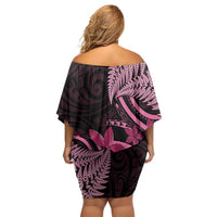 Aotearoa Maori Family Matching Off Shoulder Short Dress and Hawaiian Shirt Pink Fern Ribbons on Black LT7 - Polynesian Pride