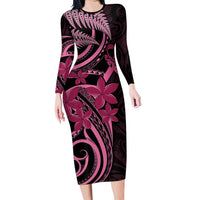 Aotearoa Maori Long Sleeve Bodycon Dress Pink Fern Ribbons on Black LT7 Long Dress Black - Polynesian Pride