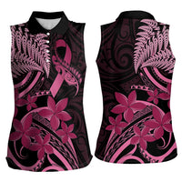 Aotearoa Maori Women Sleeveless Polo Shirt Pink Fern Ribbons on Black LT7 - Polynesian Pride