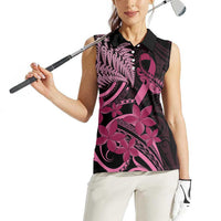 Aotearoa Maori Women Sleeveless Polo Shirt Pink Fern Ribbons on Black LT7 - Polynesian Pride
