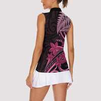 Aotearoa Maori Women Sleeveless Polo Shirt Pink Fern Ribbons on Black LT7 - Polynesian Pride