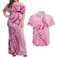 Aotearoa Maori Couples Matching Off Shoulder Maxi Dress and Hawaiian Shirt Pink Fern Ribbons LT7 Pink - Polynesian Pride