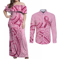 Aotearoa Maori Couples Matching Off Shoulder Maxi Dress and Long Sleeve Button Shirt Pink Fern Ribbons LT7 Pink - Polynesian Pride