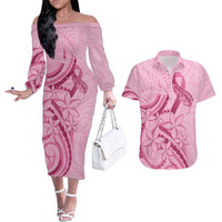 Aotearoa Maori Couples Matching Off The Shoulder Long Sleeve Dress and Hawaiian Shirt Pink Fern Ribbons LT7 Pink - Polynesian Pride