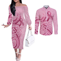 Aotearoa Maori Couples Matching Off The Shoulder Long Sleeve Dress and Long Sleeve Button Shirt Pink Fern Ribbons LT7 Pink - Polynesian Pride