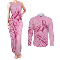 Aotearoa Maori Couples Matching Tank Maxi Dress and Long Sleeve Button Shirt Pink Fern Ribbons LT7 Pink - Polynesian Pride