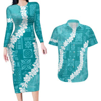 Hawaii Aloha Couples Matching Long Sleeve Bodycon Dress and Hawaiian Shirt Teal Quilt Patch Work Mix Plumeria Lei LT7 Teal - Polynesian Pride