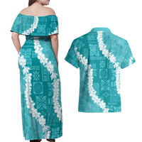 Hawaii Aloha Couples Matching Off Shoulder Maxi Dress and Hawaiian Shirt Teal Quilt Patch Work Mix Plumeria Lei LT7 - Polynesian Pride