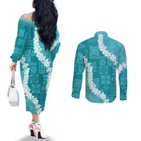 Hawaii Aloha Couples Matching Off The Shoulder Long Sleeve Dress and Long Sleeve Button Shirt Teal Quilt Patch Work Mix Plumeria Lei LT7 - Polynesian Pride