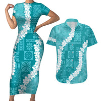 Hawaii Aloha Couples Matching Short Sleeve Bodycon Dress and Hawaiian Shirt Teal Quilt Patch Work Mix Plumeria Lei LT7 Teal - Polynesian Pride