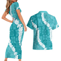Hawaii Aloha Couples Matching Short Sleeve Bodycon Dress and Hawaiian Shirt Teal Quilt Patch Work Mix Plumeria Lei LT7 - Polynesian Pride