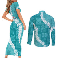 Hawaii Aloha Couples Matching Short Sleeve Bodycon Dress and Long Sleeve Button Shirt Teal Quilt Patch Work Mix Plumeria Lei LT7 - Polynesian Pride